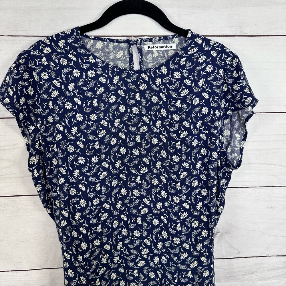 Reformation Gavin Dress Navy Blue Floral Print Midi Size 12 - Picture 2 of 10